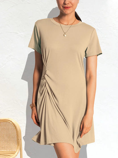 Ruched Short Sleeve Mini Tee Dress Tan