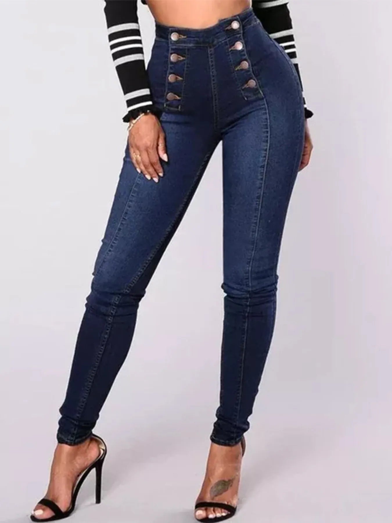 Full Size High-Waisted Double-Breasted Skinny Jeans Plus Size Dark Blue