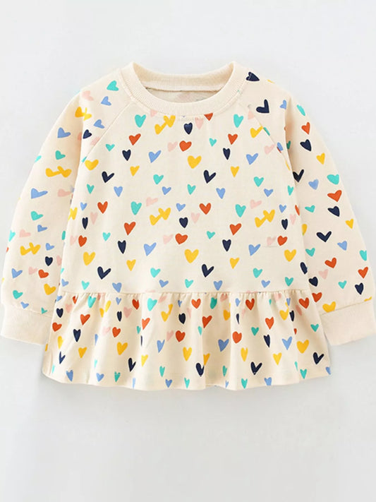 Children's Heart Print Ruffle Hem Long Sleeve Top Beige