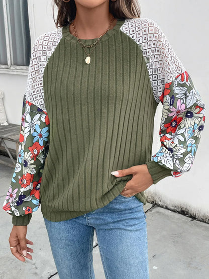 Perfee Printed Round Neck Long Sleeve Knit Top Moss