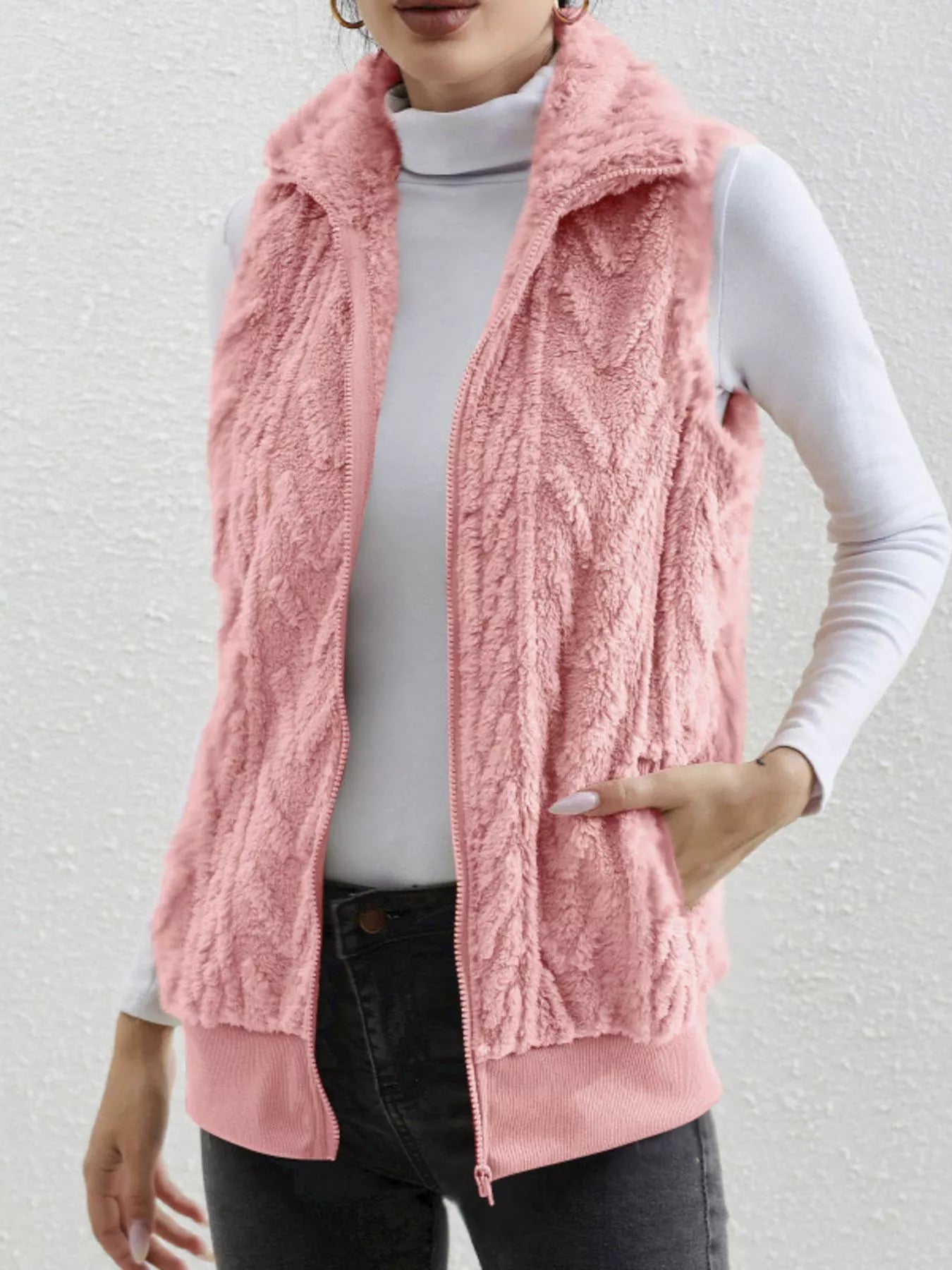 Full Size Cozy Faux Fur Zip-Up Vest Coat Plus Size Pink