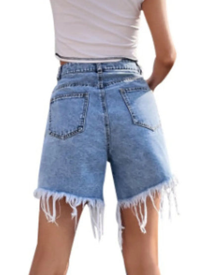 High Waisted Frayed Hem Denim Shorts