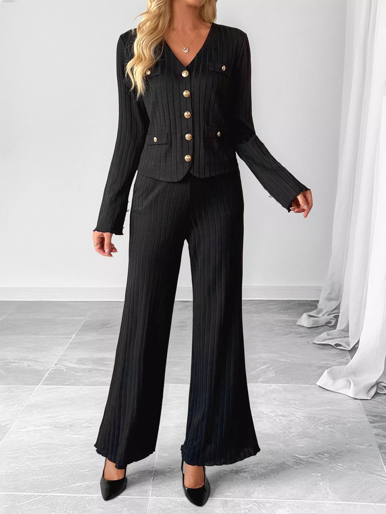 Ribbed Knit Cardigan & Wide Leg Pants Set