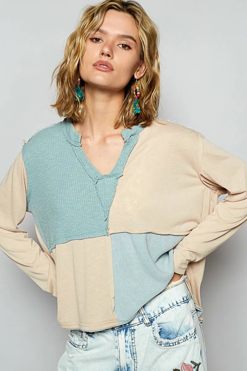 POL Color Block Notched Long Sleeve T-Shirt Pastel Blue