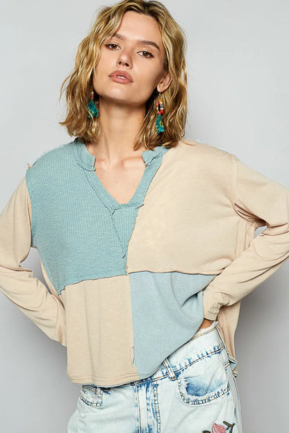POL Color Block Notched Long Sleeve T-Shirt Pastel Blue