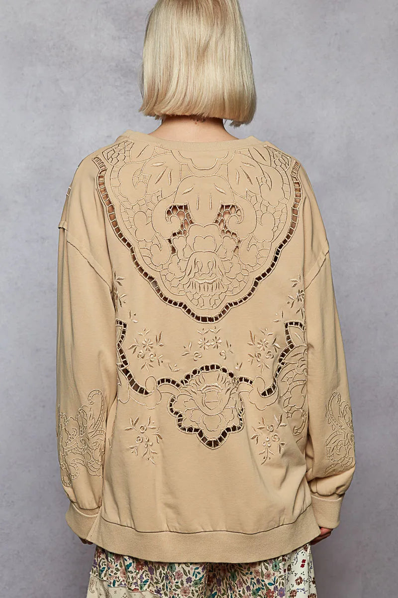 POL Round Neck French Terry Sweatshirt with Cutout Detail