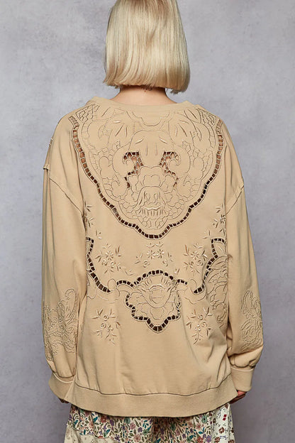 POL Round Neck French Terry Sweatshirt with Cutout Detail