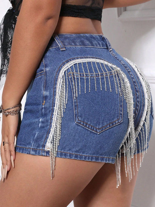Fringe Back Denim Shorts with Pockets Medium