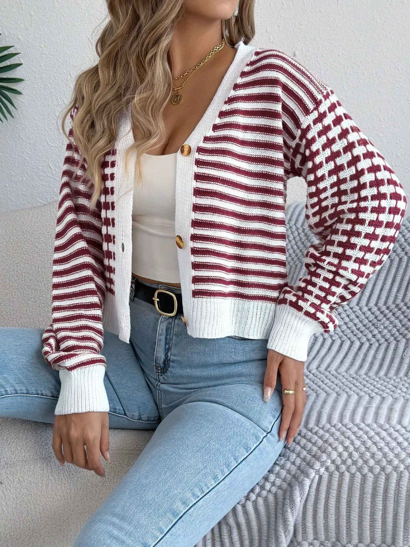 Striped Button-Up Cropped Cardigan Burgundy