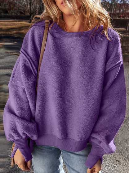 Round Neck Dropped Shoulder Sweatshirt Purple