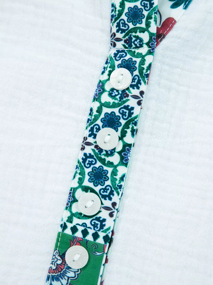 Mesh Patched Color Block Half Button Blouse