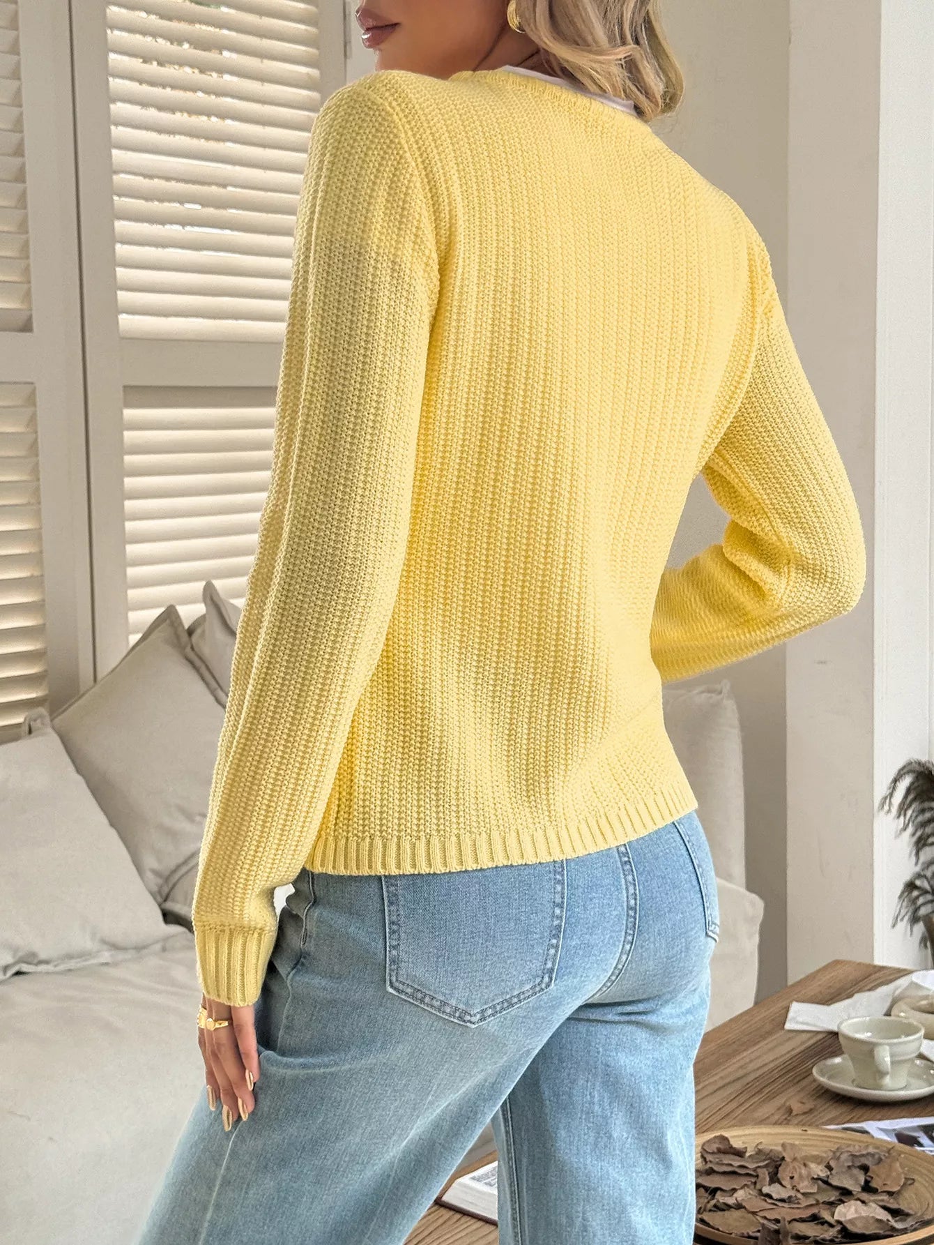 Button-Front Ribbed Long Sleeve Cardigan