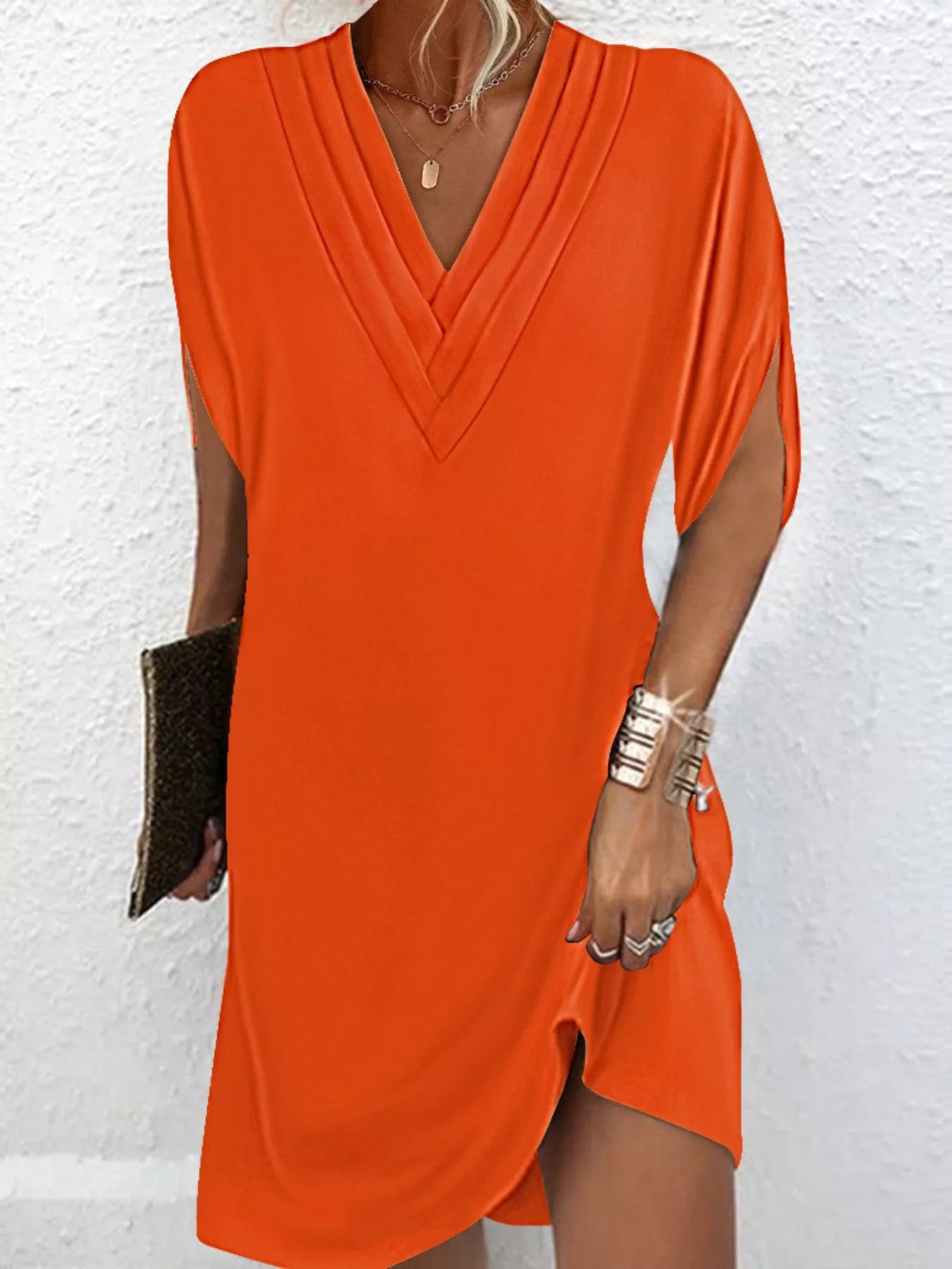 Full Size V-Neck Slit Sleeve Mini Dress Plus Size Orange