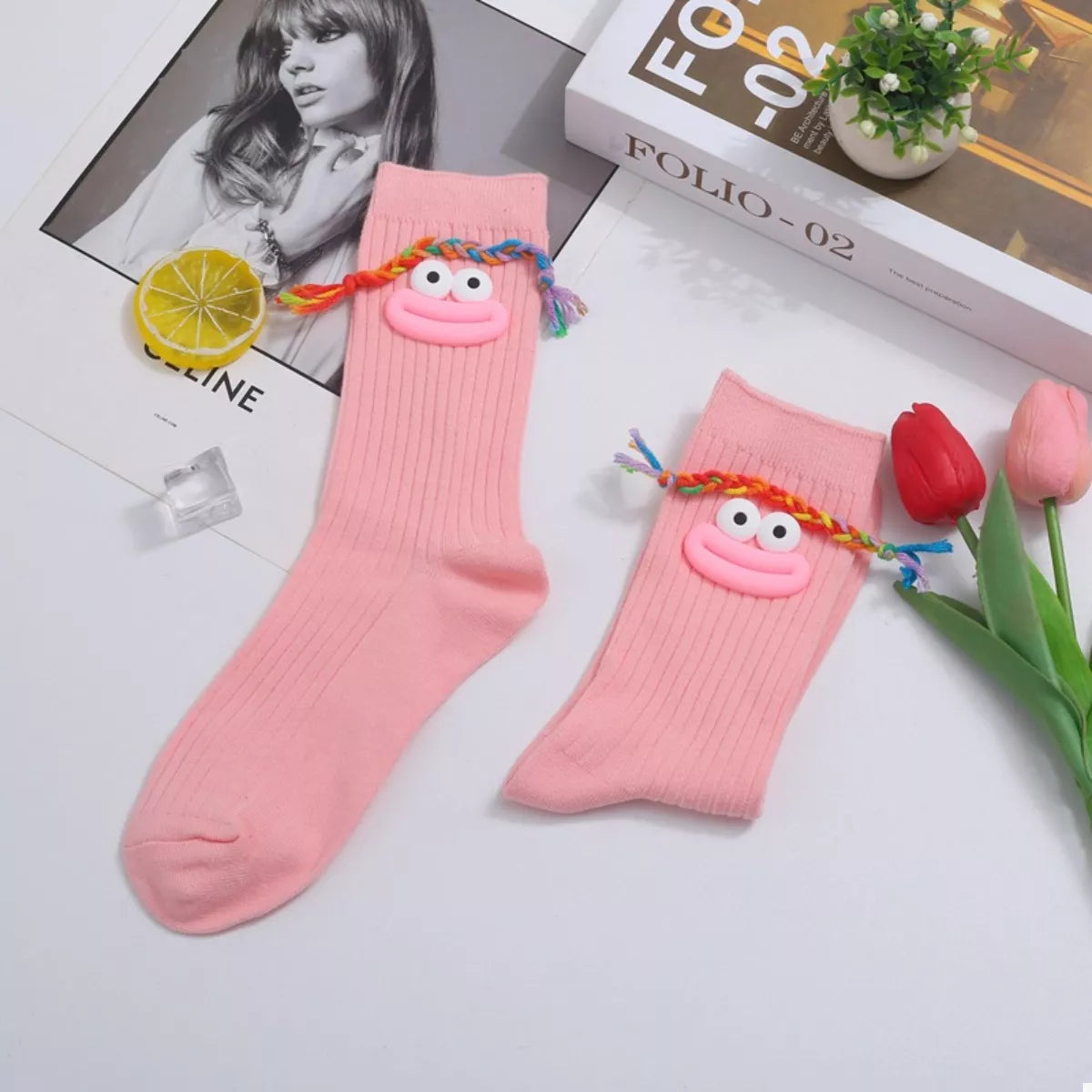 Cartoon Ribbed Knit Crew Socks Pink One Size