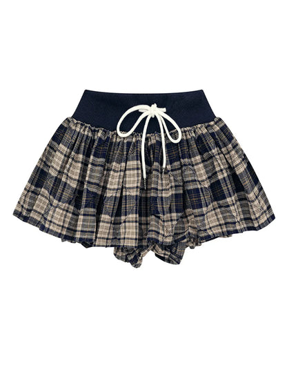 Drawstring Plaid Skort Black