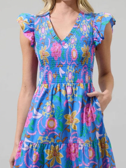 Ruffled V-Neck Tiered Midi Dress