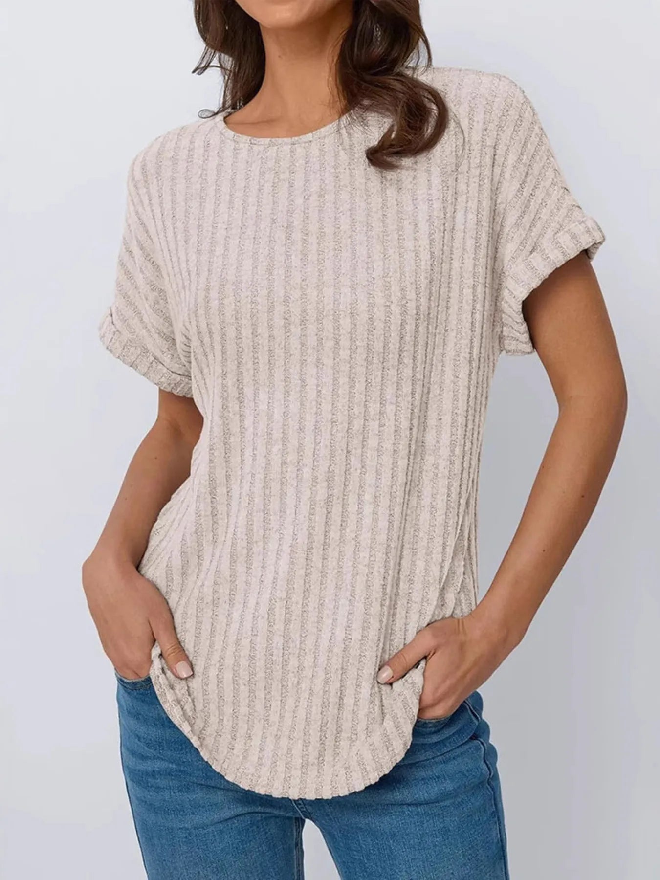 Casual Ribbed Knit Short Sleeve T-Shirt Eggshell