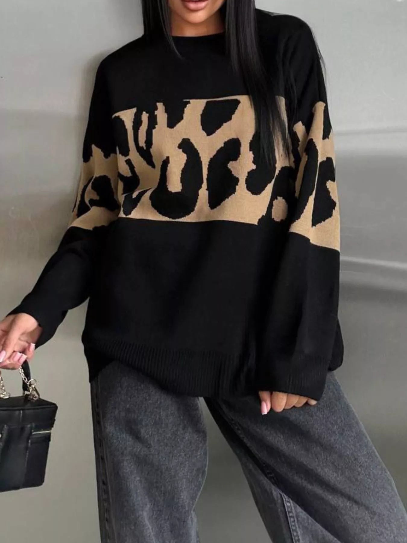 Leopard Color Block Round Neck Sweater