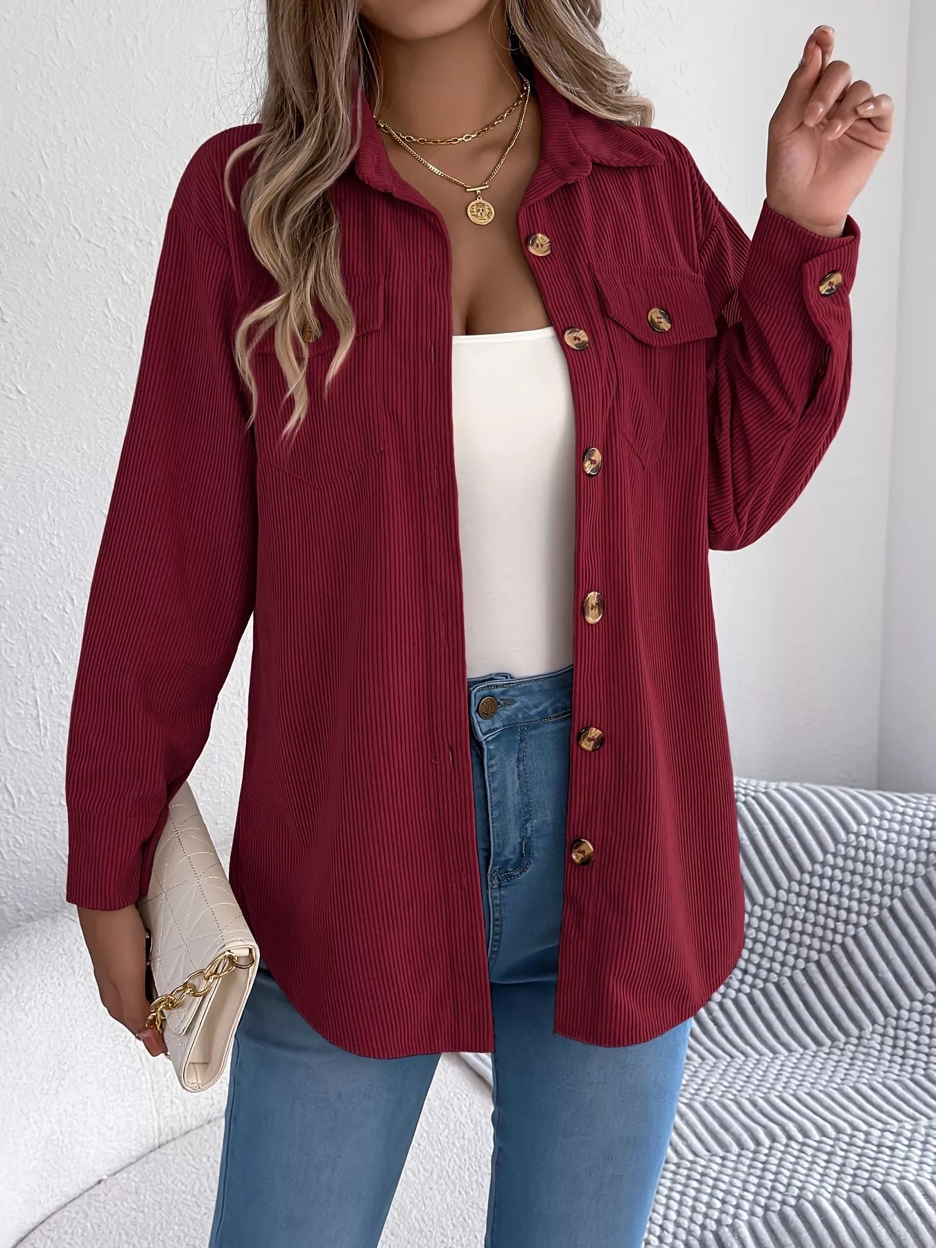 Corduroy Button-Up Long Sleeve Shacket Burgundy