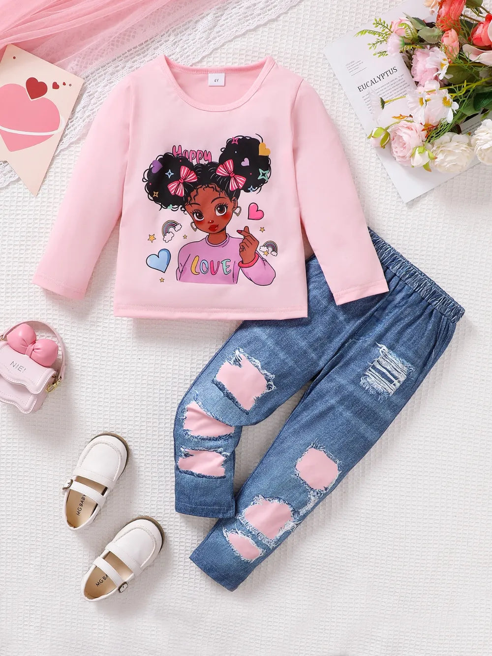 Children's Cartoon Graphic Top and Pants Set Blush Pink