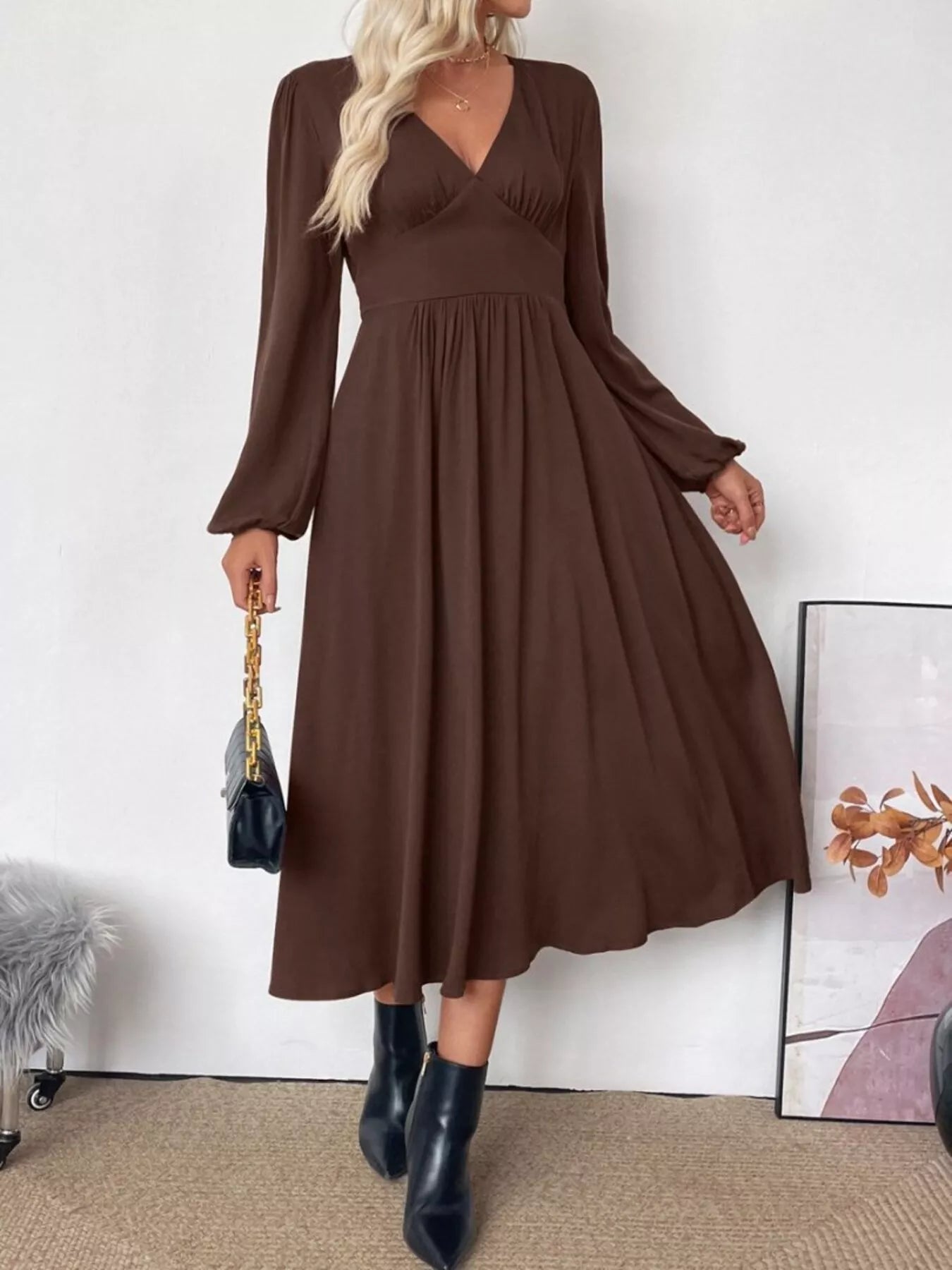 V-Neck Balloon Sleeve Midi Dress Brown
