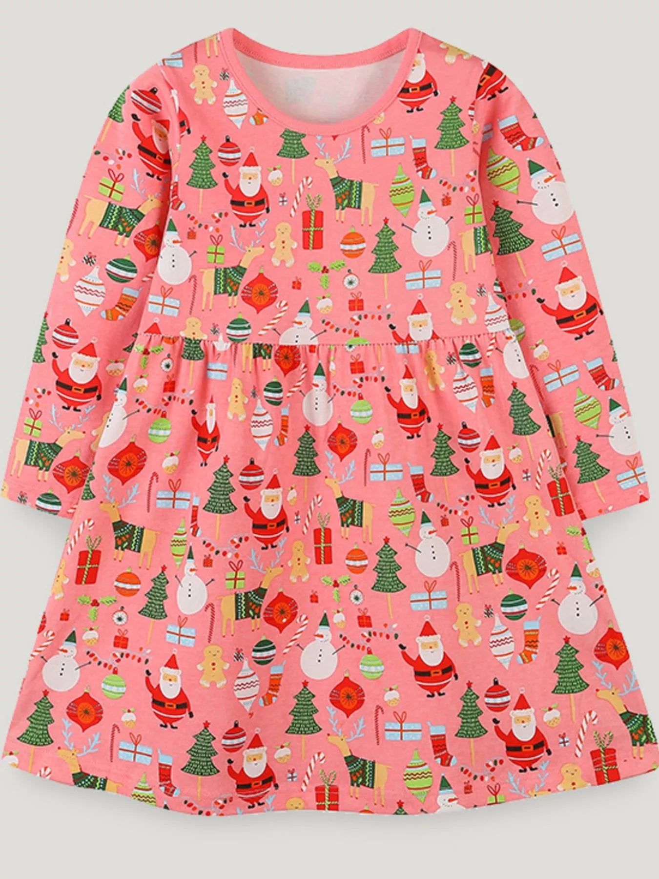 Children's Christmas Print Long Sleeve Dress Coral