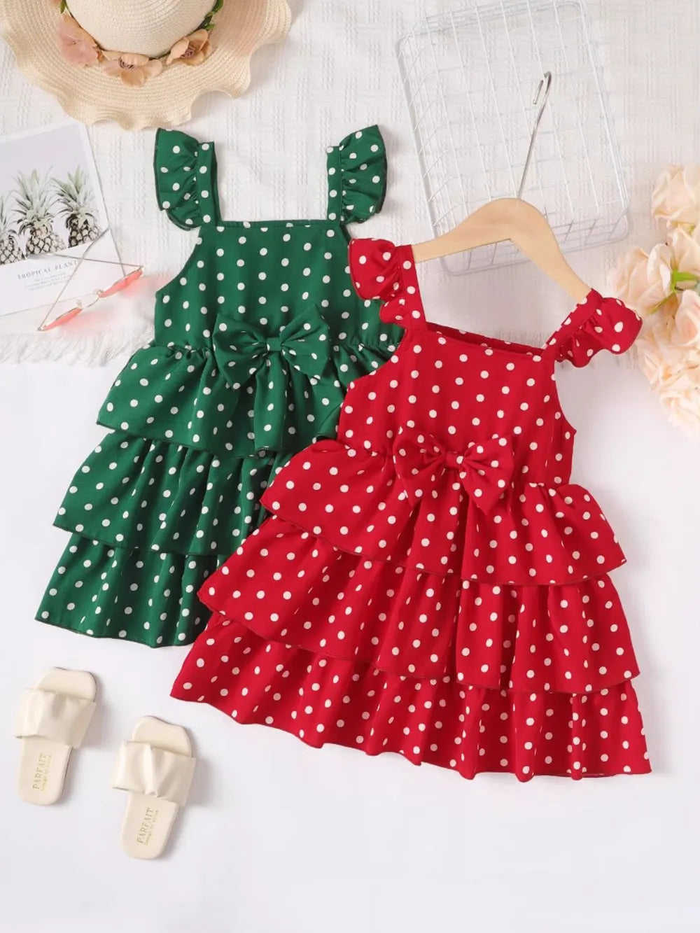 Bow Polka Dot Square Neck Layered Dress Scarlet