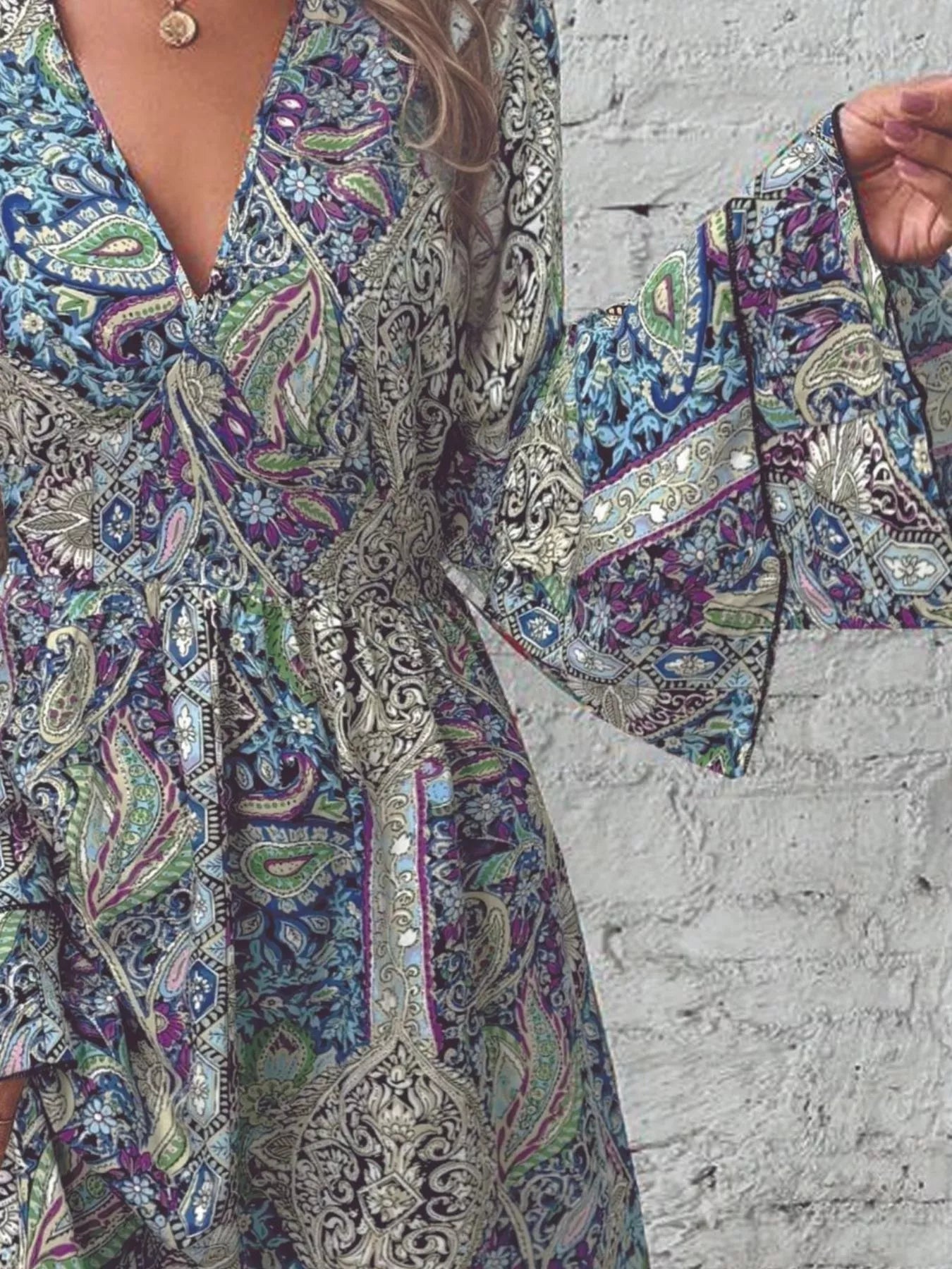 Paisley Print V-Neck Flounce Sleeve Dress