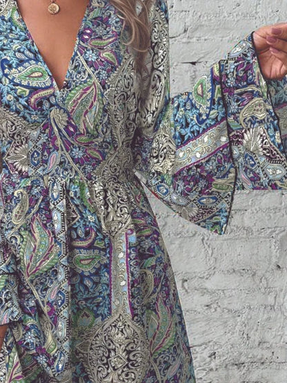 Paisley Print V-Neck Flounce Sleeve Dress