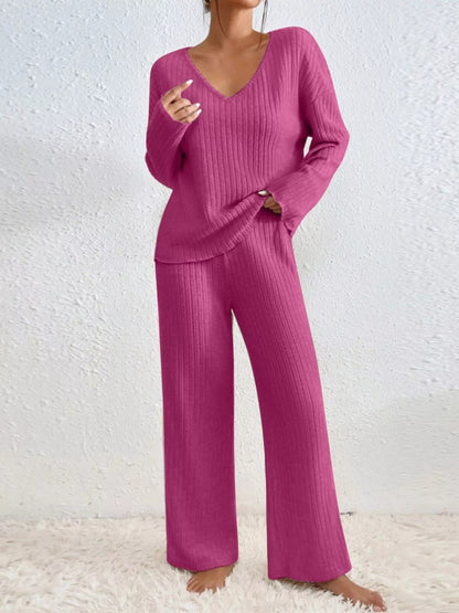 Ribbed V-Neck Top and Pants Set Hot Pink