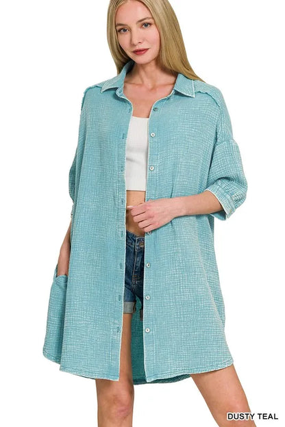 Zenana Washed Double Gauze Button Down Shirt Dress