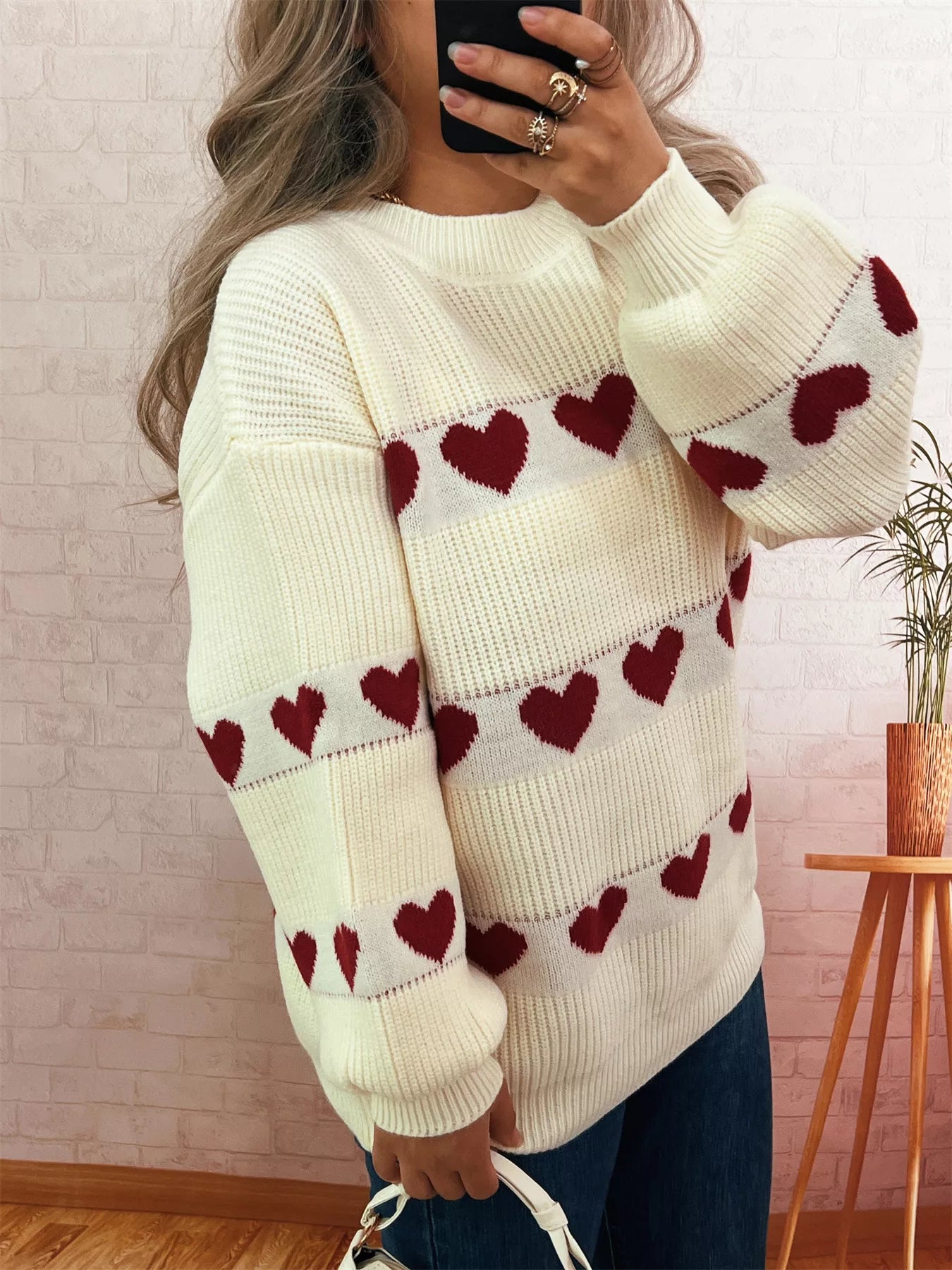 Heart Pattern Dropped Shoulder Sweater