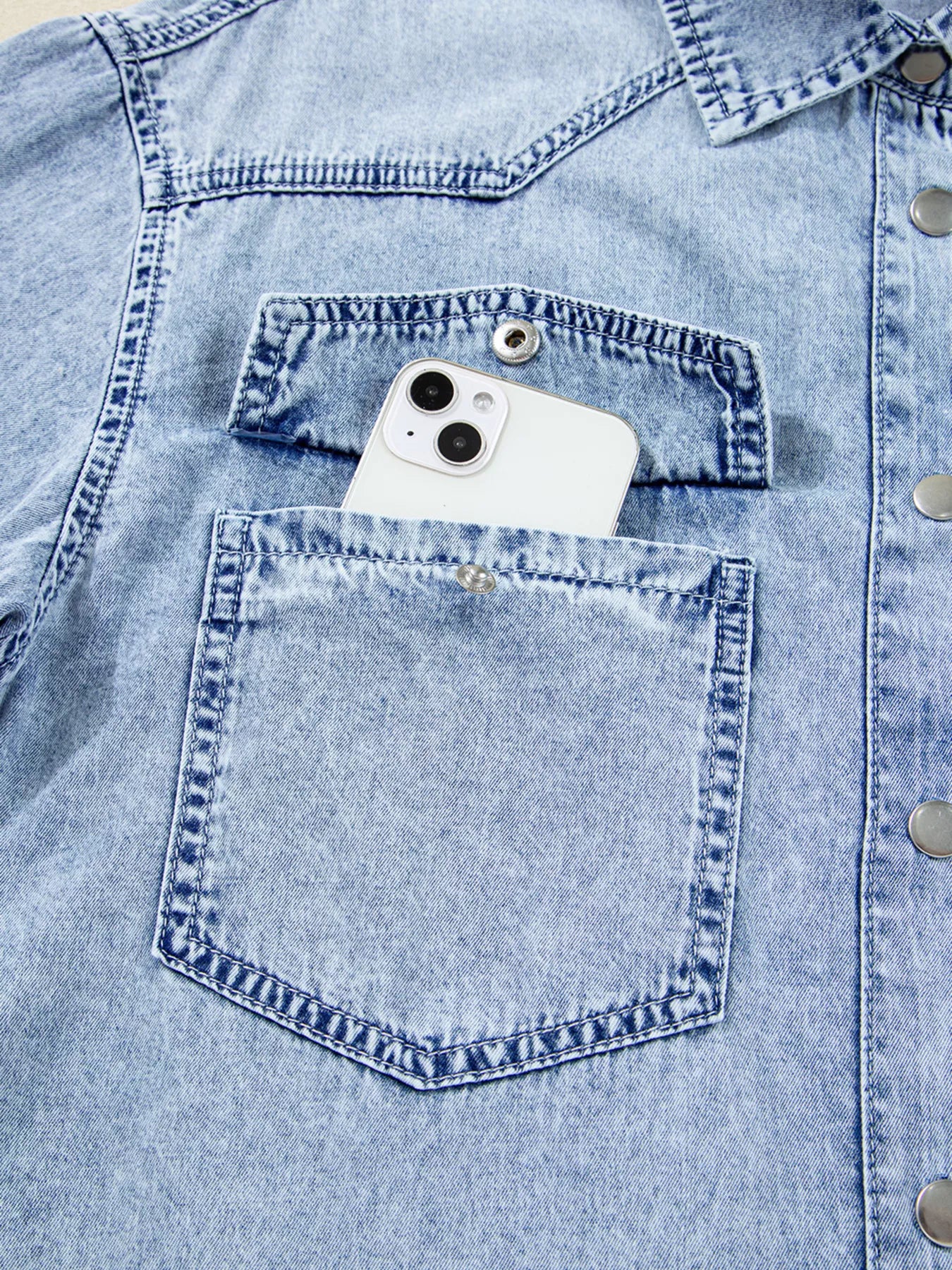 Chest Pocket Raw Hem Denim Loose Shirt Dress