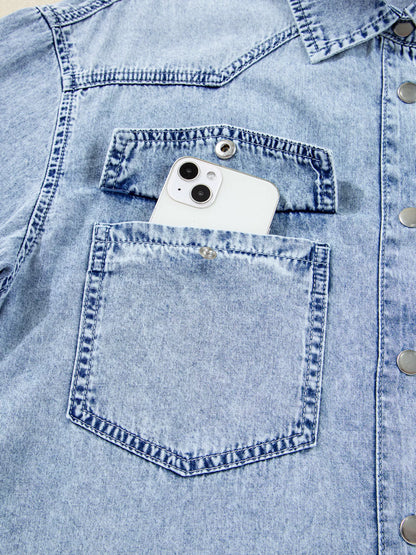 Chest Pocket Raw Hem Denim Loose Shirt Dress