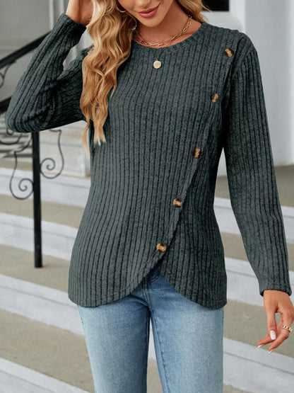 Ribbed Knit Decor Button T-Shirt