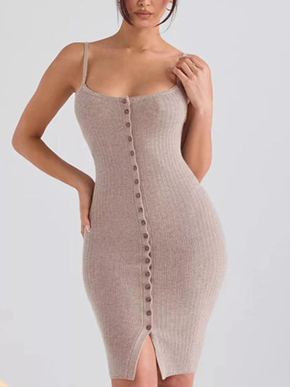 Ribbed Button-Front Bodycon Sweater Dress Mocha
