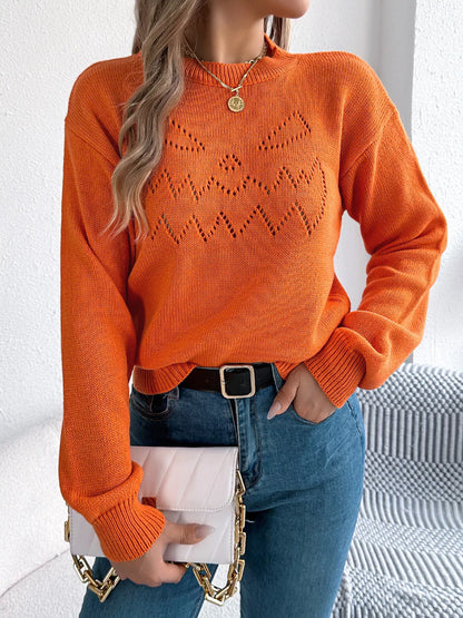 Openwork Round Neck Long Sleeve Sweater
