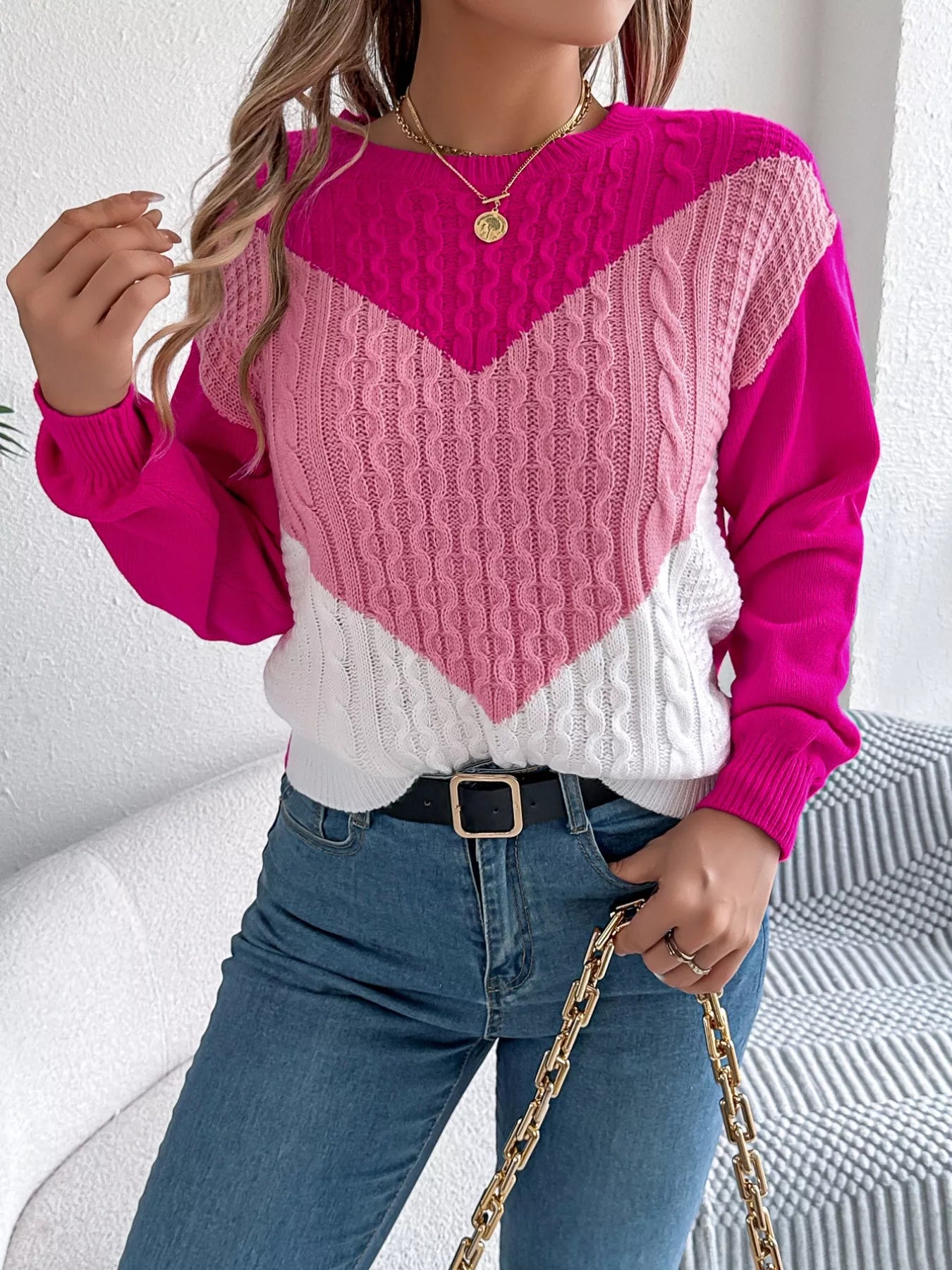 Color Block Cable Knit Sweater