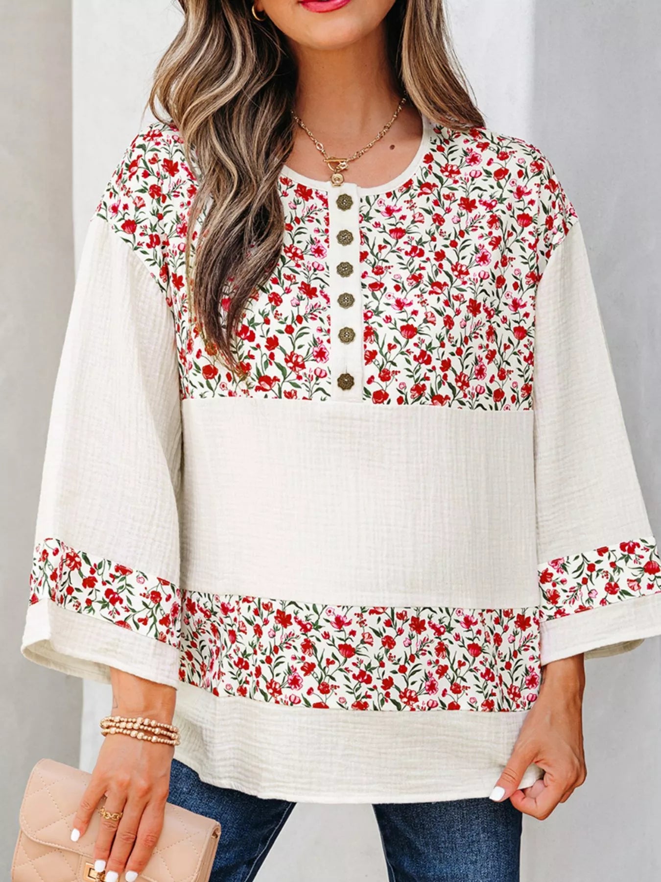 Floral Print Henley Button 3/4 Sleeve Blouse