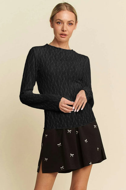 Davi & Dani Long Sleeve Sheer Small Embroidered Bows Lace Top BLACK
