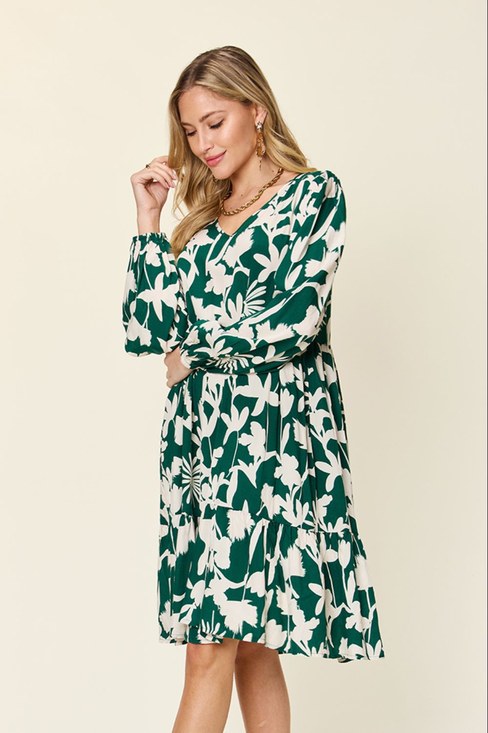 Printed Ruffle Hem Long Sleeve Rayon Dress