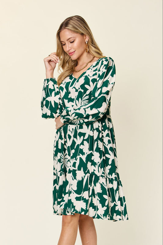 Printed Ruffle Hem Long Sleeve Rayon Dress
