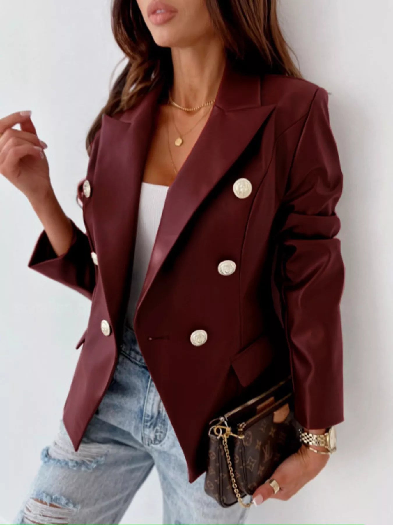 Lapel Collar Leather Blazer Burgundy
