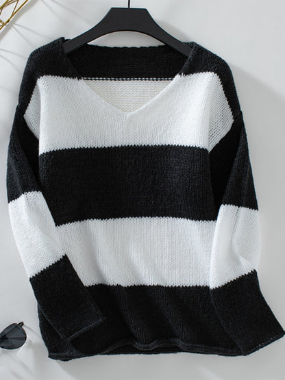 Color Block V-Neck Long Sleeve Sweater Black