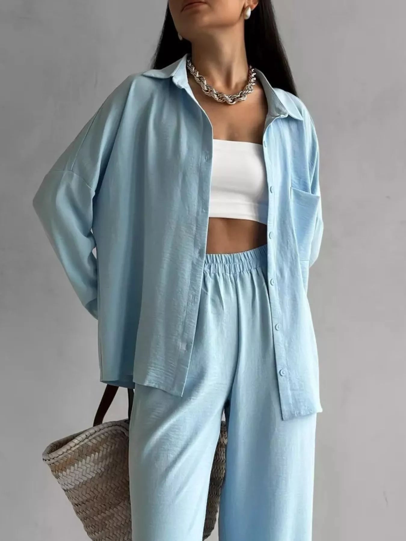 Button Up Long Sleeve Shirt and Pants Set