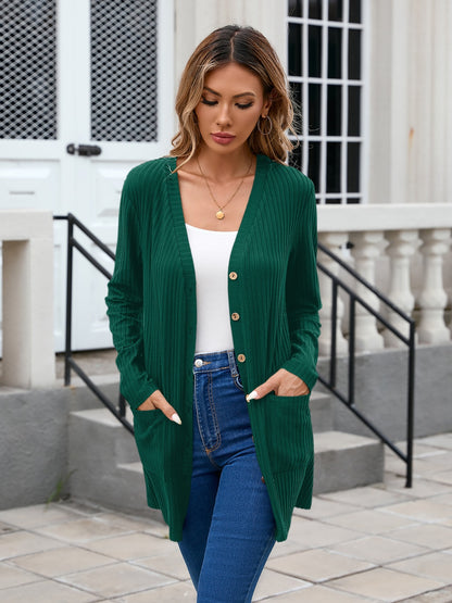 Ribbed Button Down V-Neck Long Sleeve Cardigan Dark Green