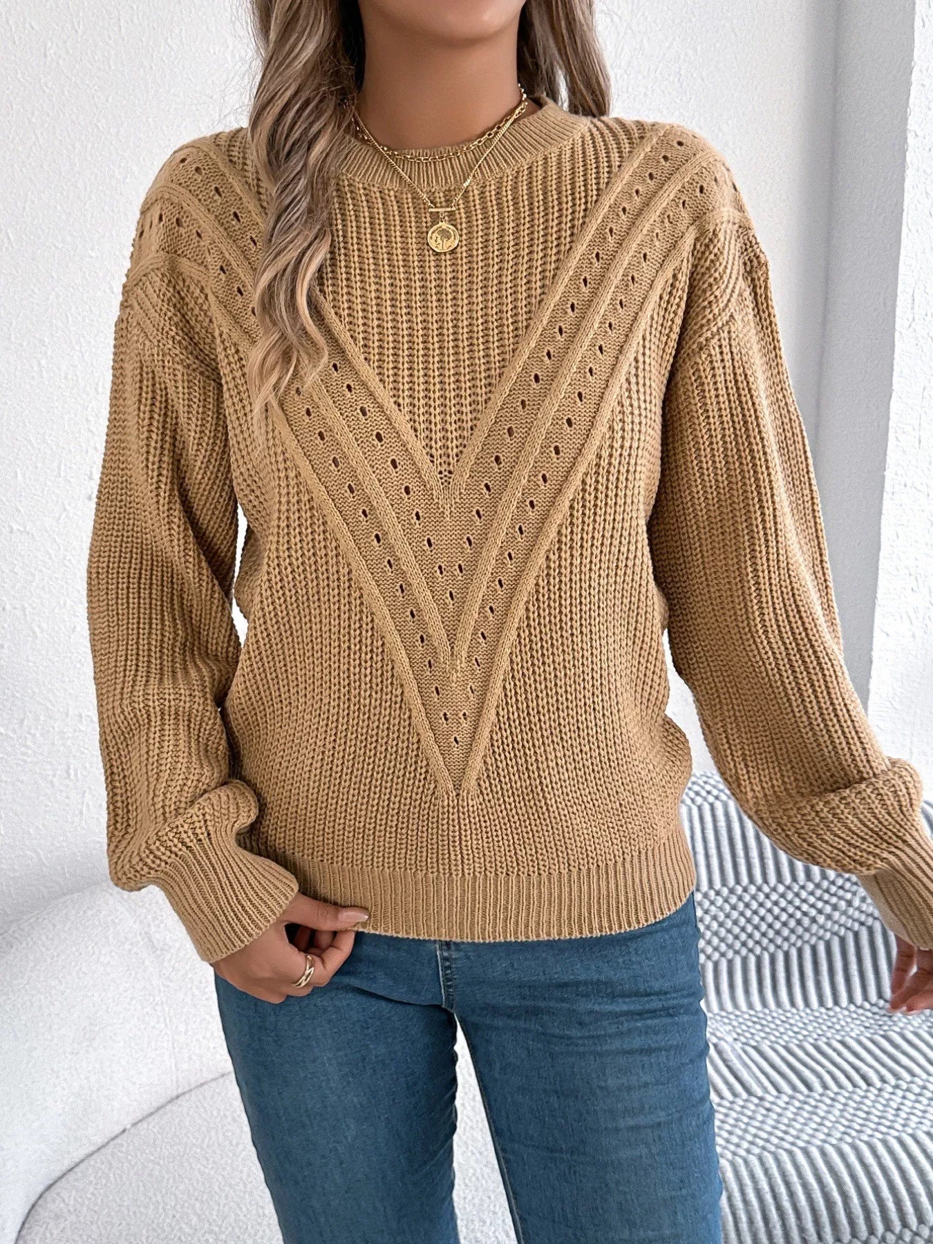 Openwork Round Neck Sweater
