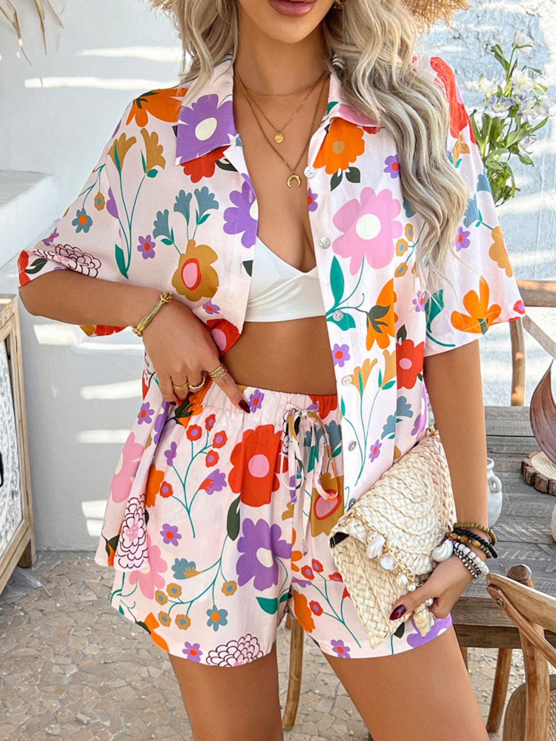 Devine Printed Button Down Shirt and Shorts Set Blush Pink
