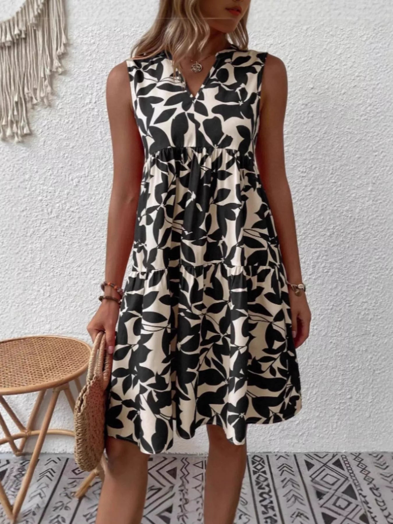 Full Size Printed Notched Sleeveless Mini Dress Plus Size