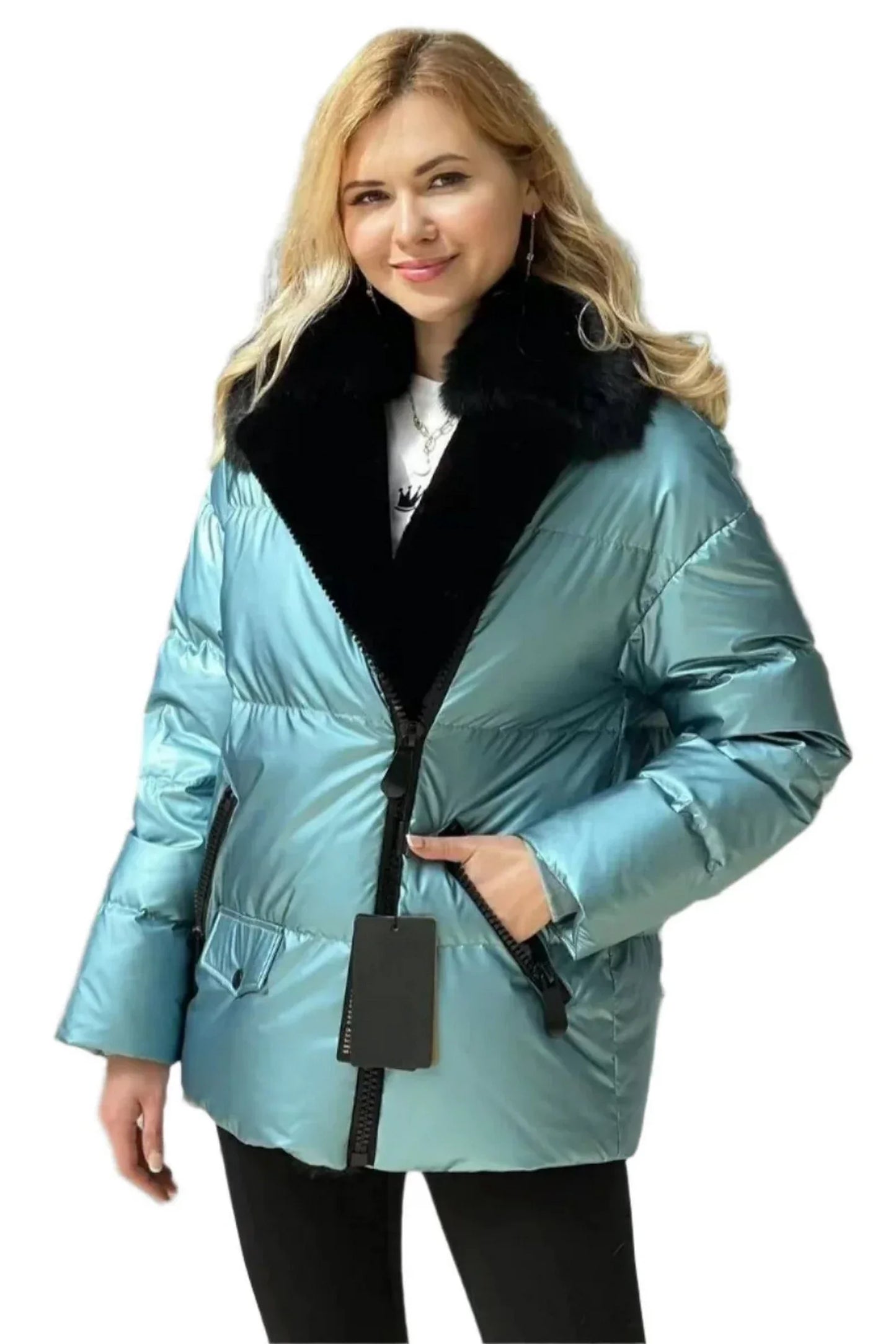 Genuine Polar Fox Fur Down Fill Water-Repellent Coat Pacific Blue